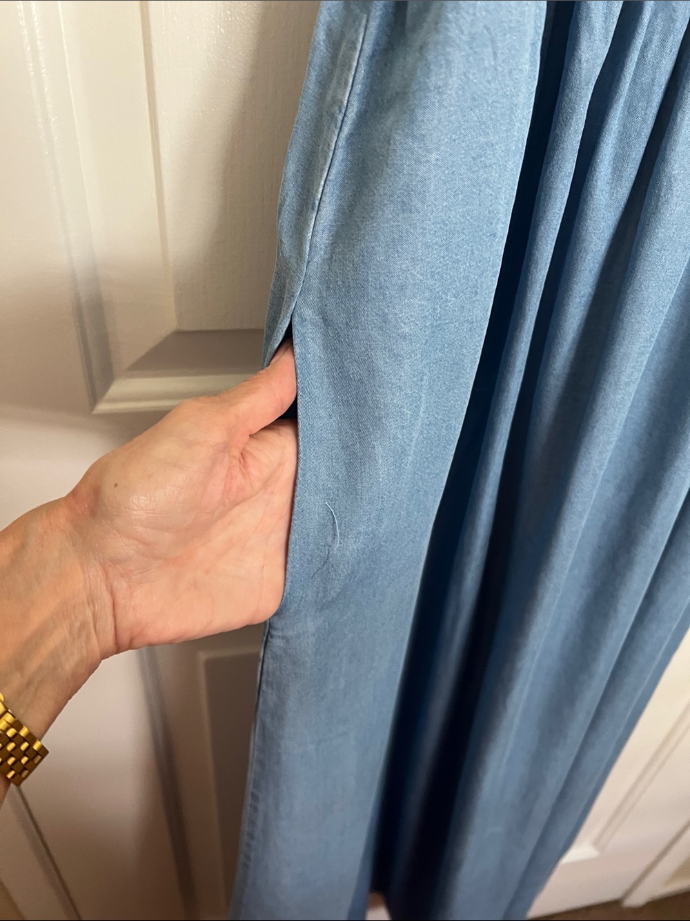 Motherhood Maternity Blue Chambray Maxi Skirt Dress with Ruffle Straps - Picture 4 of 13